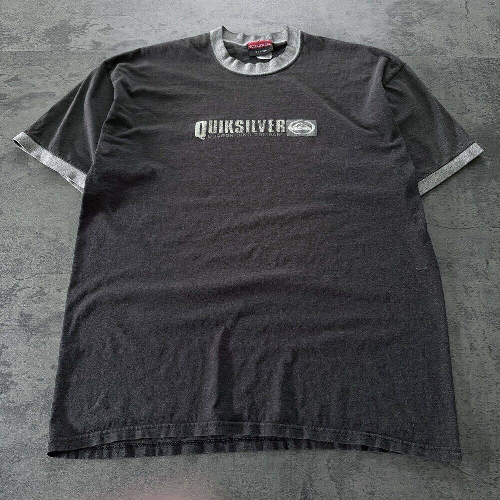 VTG Y2K Quicksilver T Shirt Surf Graphic Short Sleeve Ringer Mens XL Gray Logo